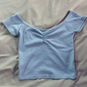 Light Blue Off-Shoulder Ribbed Top